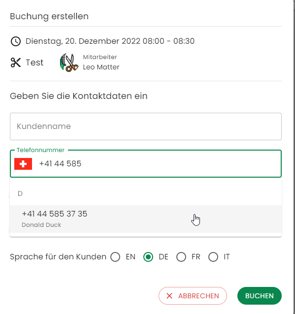 Vervollständigen der tel nr